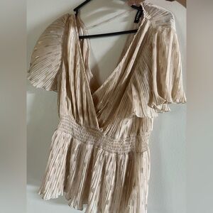 Express Medium Women’s Gold Swiss dot Babydoll Elegant Cream Pleated Top